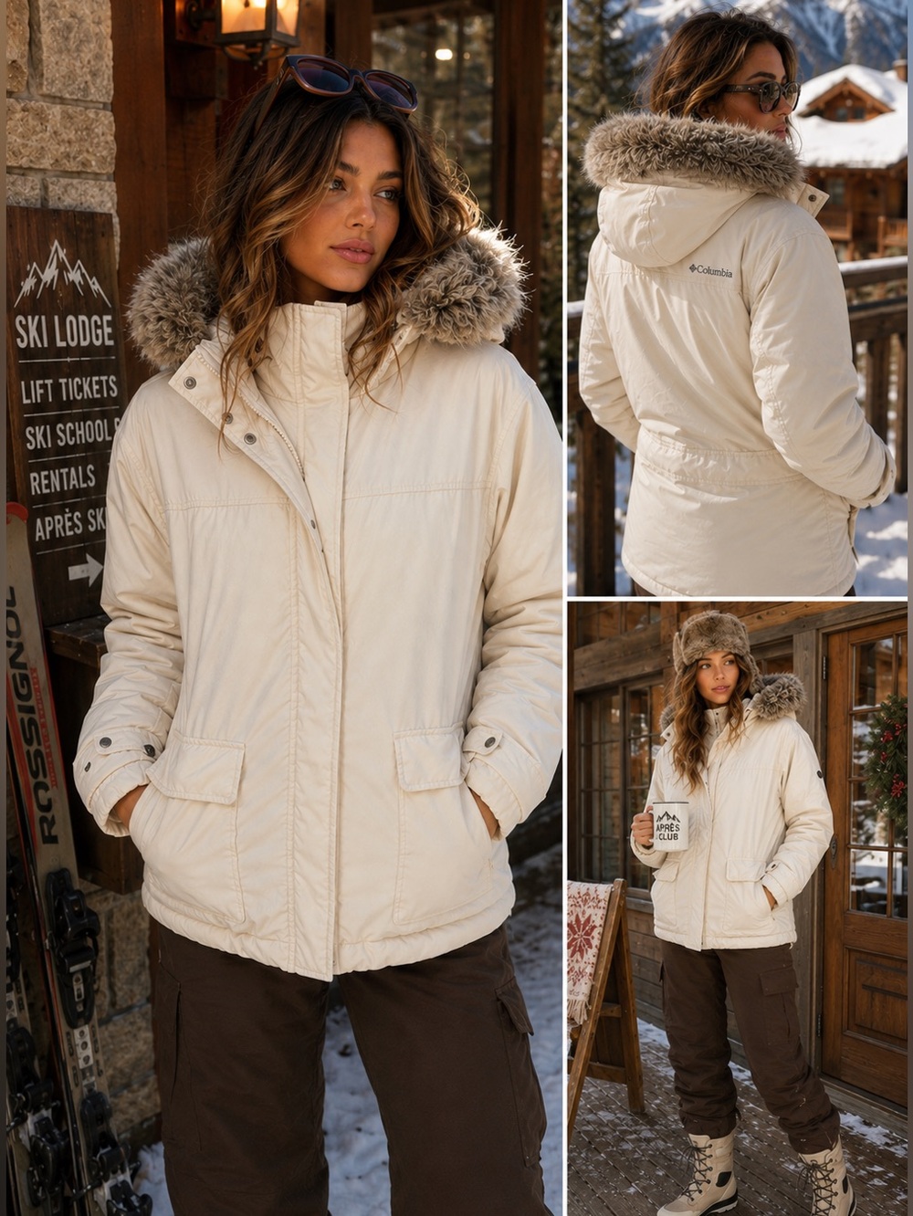 Columbia Stormy Ridge II Down Ski Jacket XL Cream Faux Fur Y2K